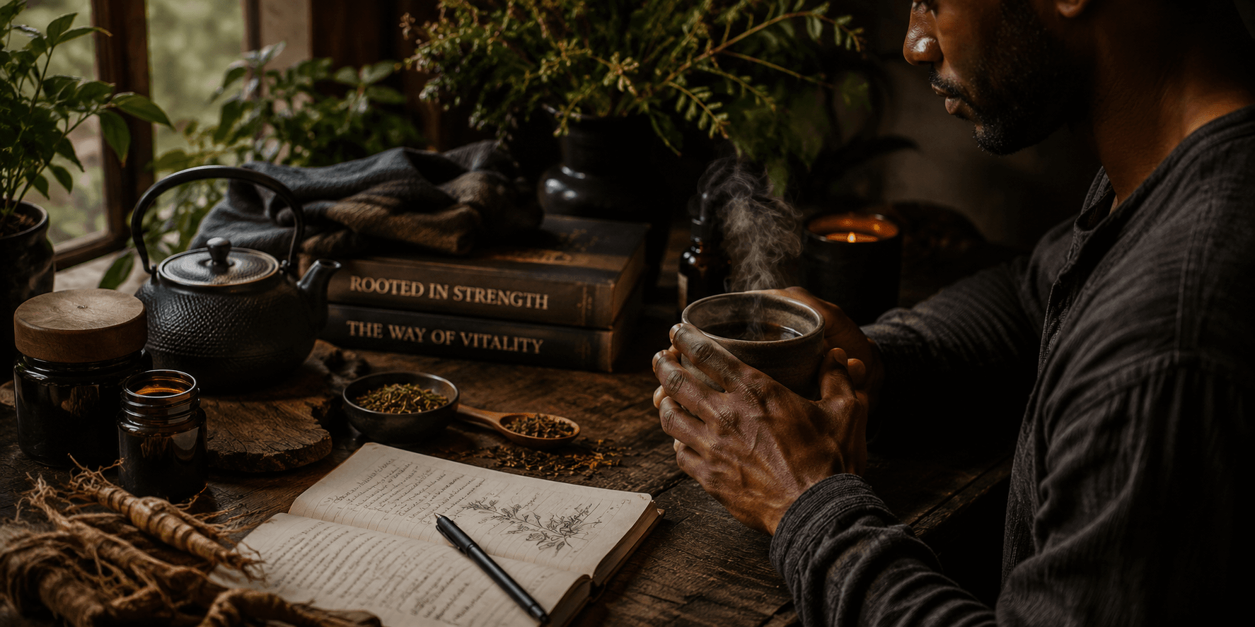 Person holding a mug in a cozy setting with books, plants, and a teapot.