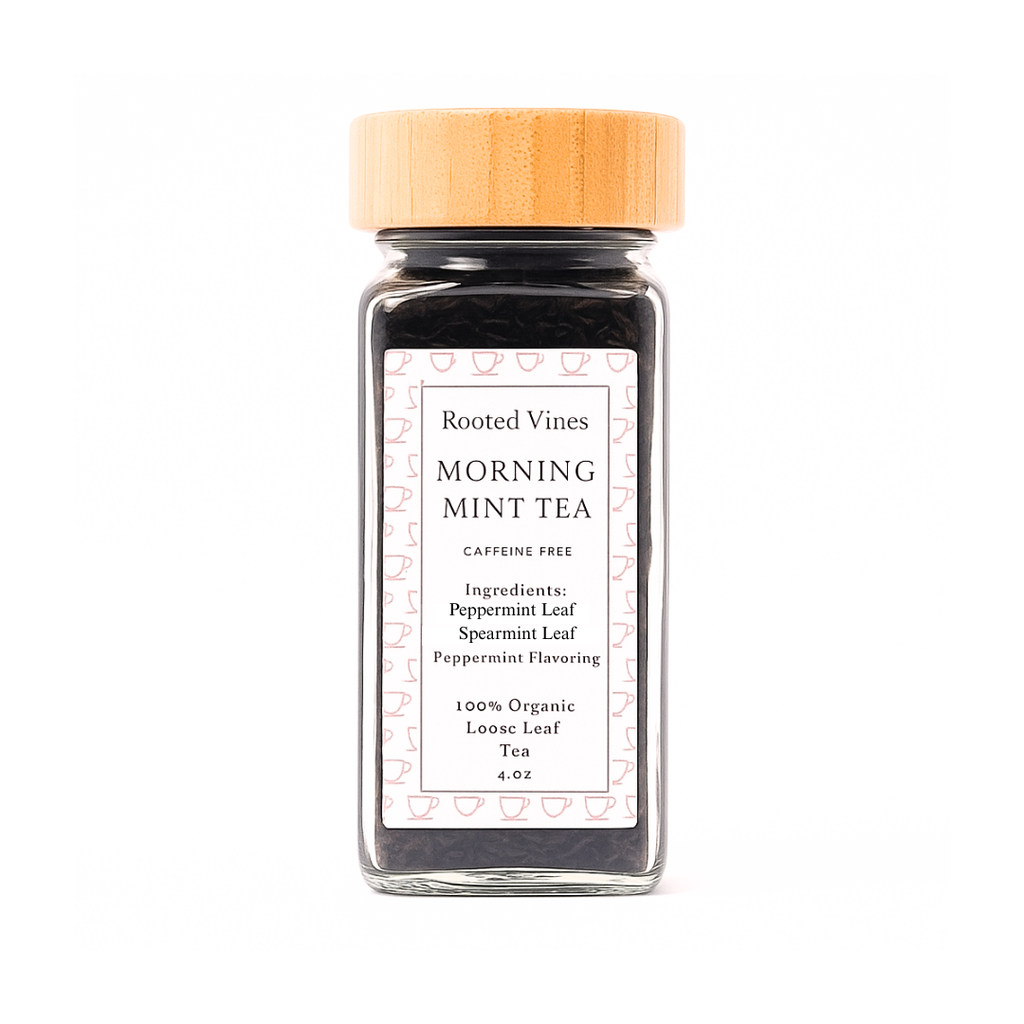 Glass jar of Rooted Vines Morning Mint Tea with a wooden lid on a white background