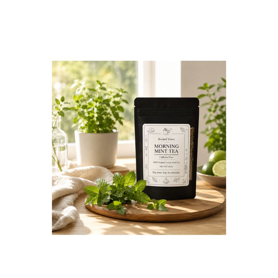 A black stand-up pouch of Morning Mint Tea by Rooted Flowers stands on a wooden board on a table, surrounded by mint leaves, limes, and potted plants in a bright, sunlit kitchen setting.
