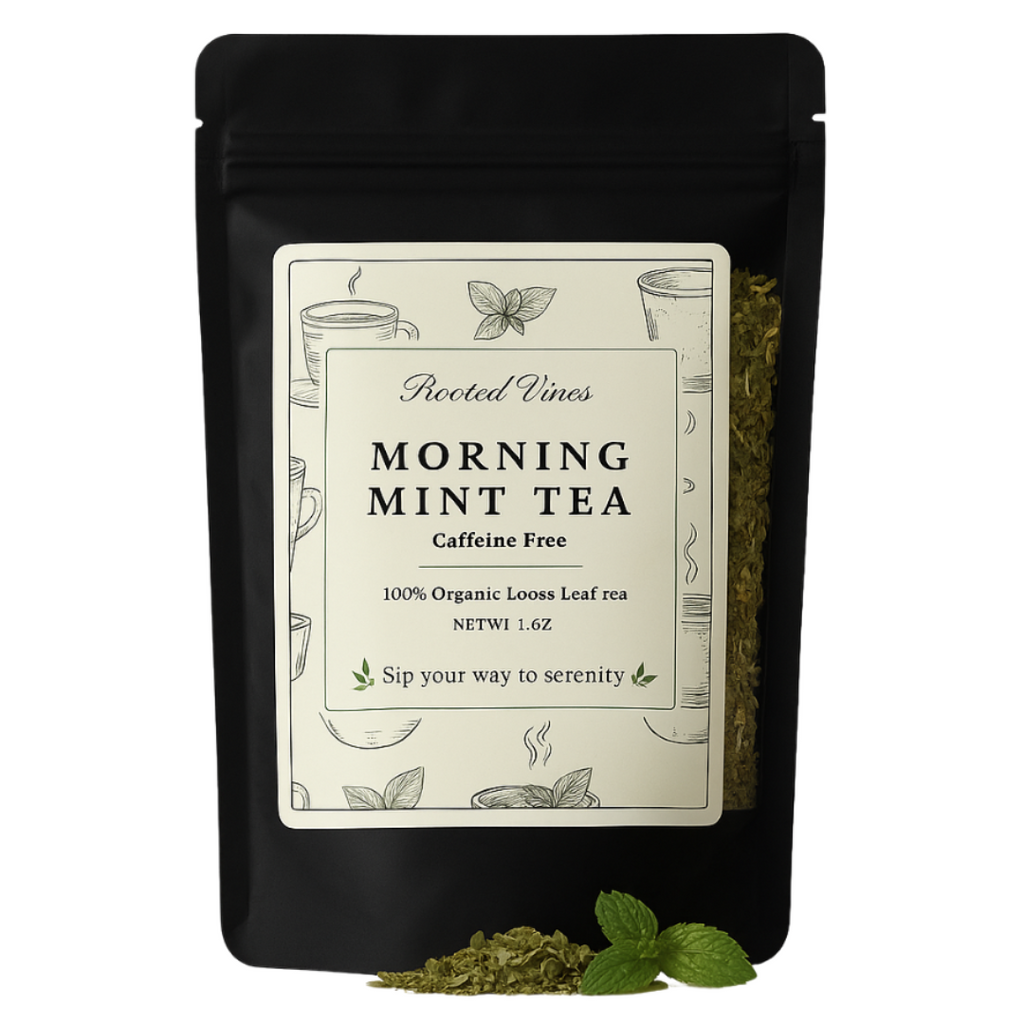 Black tea package with 'Morning Mint Tea' label on a white background