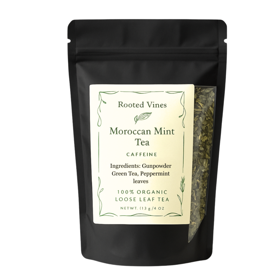Black tea package with a label for Moroccan Mint Tea on a white background