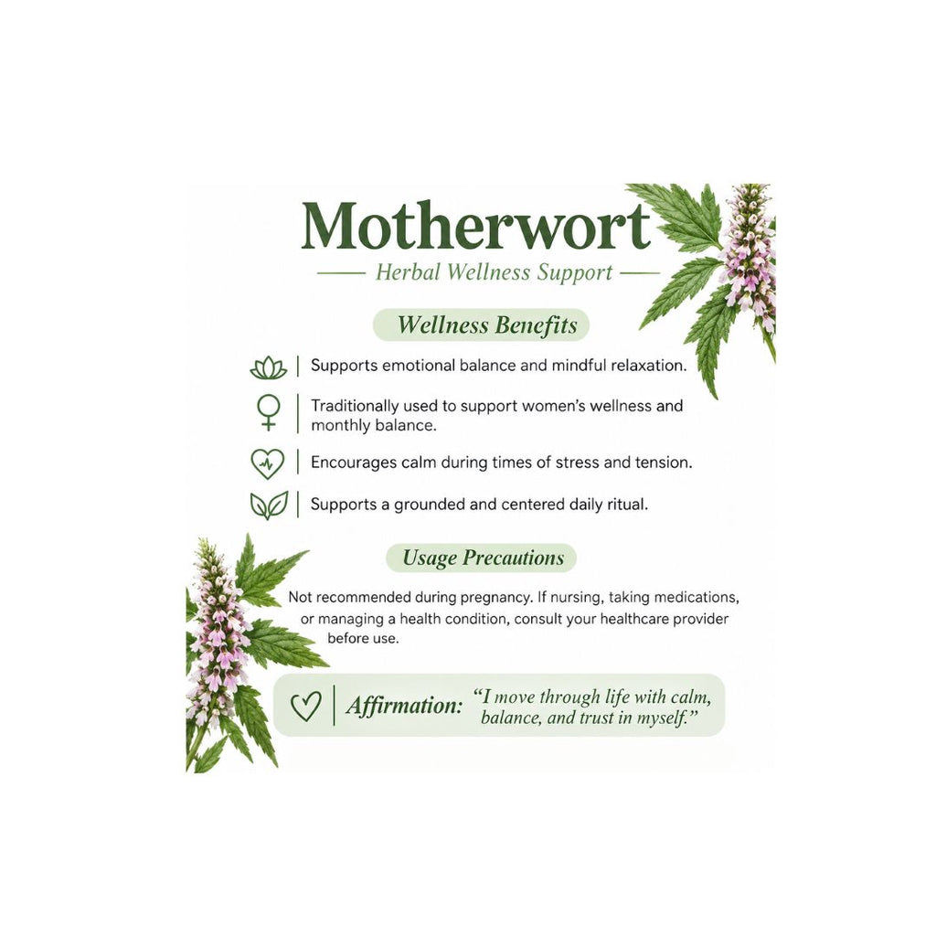 An informational graphic for Motherwort Herbal Wellness Support, featuring text about wellness benefits and usage precautions with small illustrations of green leaves and pink flowers on a white background.
