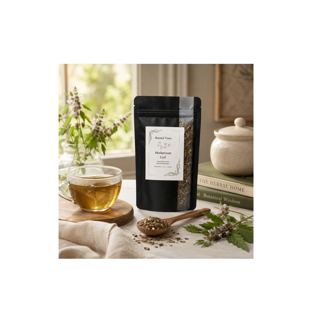 A black stand-up pouch of Herbal Flower Medicinal Seed tea with a white label, styled on a table with a glass of brewed tea, a wooden spoon of loose seeds, books, and herbs.