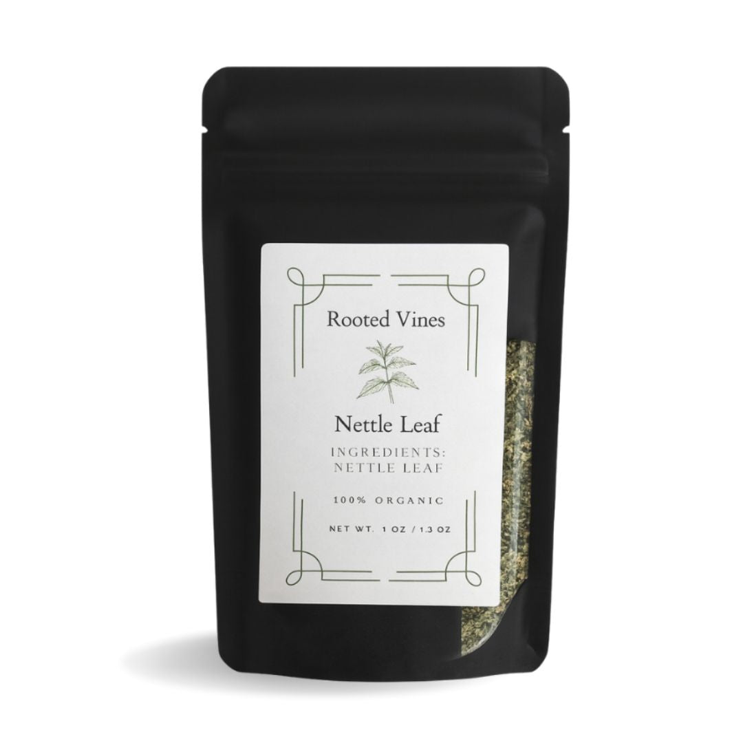 Black package of Nettle Leaf with 'Rooted Vines' label on a white background