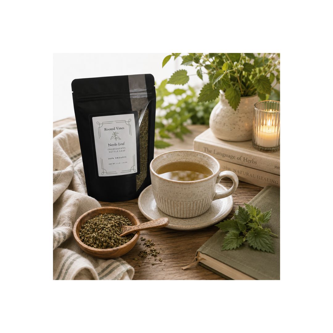 A black stand-up pouch labeled 'Royal Tea Snigdha Leaf' stands on a wooden table beside a beige ceramic cup of tea, a small bowl of loose tea leaves, a spoon, a book, and greenery in a softly lit setting.