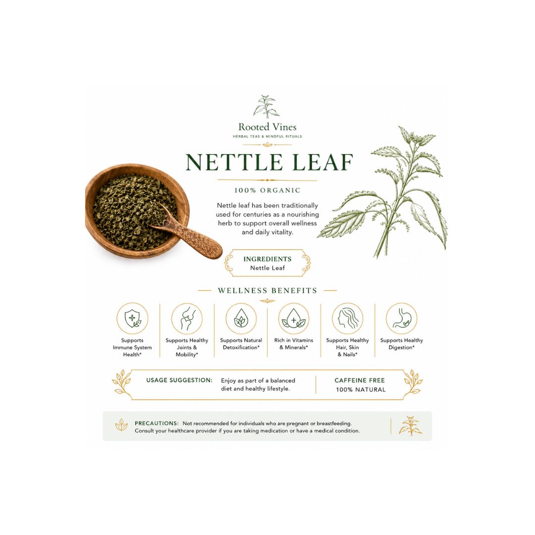 Rooted Vines Nettle Leaf herbal supplement packaging card on a white background, featuring a wooden bowl of dried green nettle leaves, a green nettle plant illustration, wellness benefit icons, and usage suggestions.