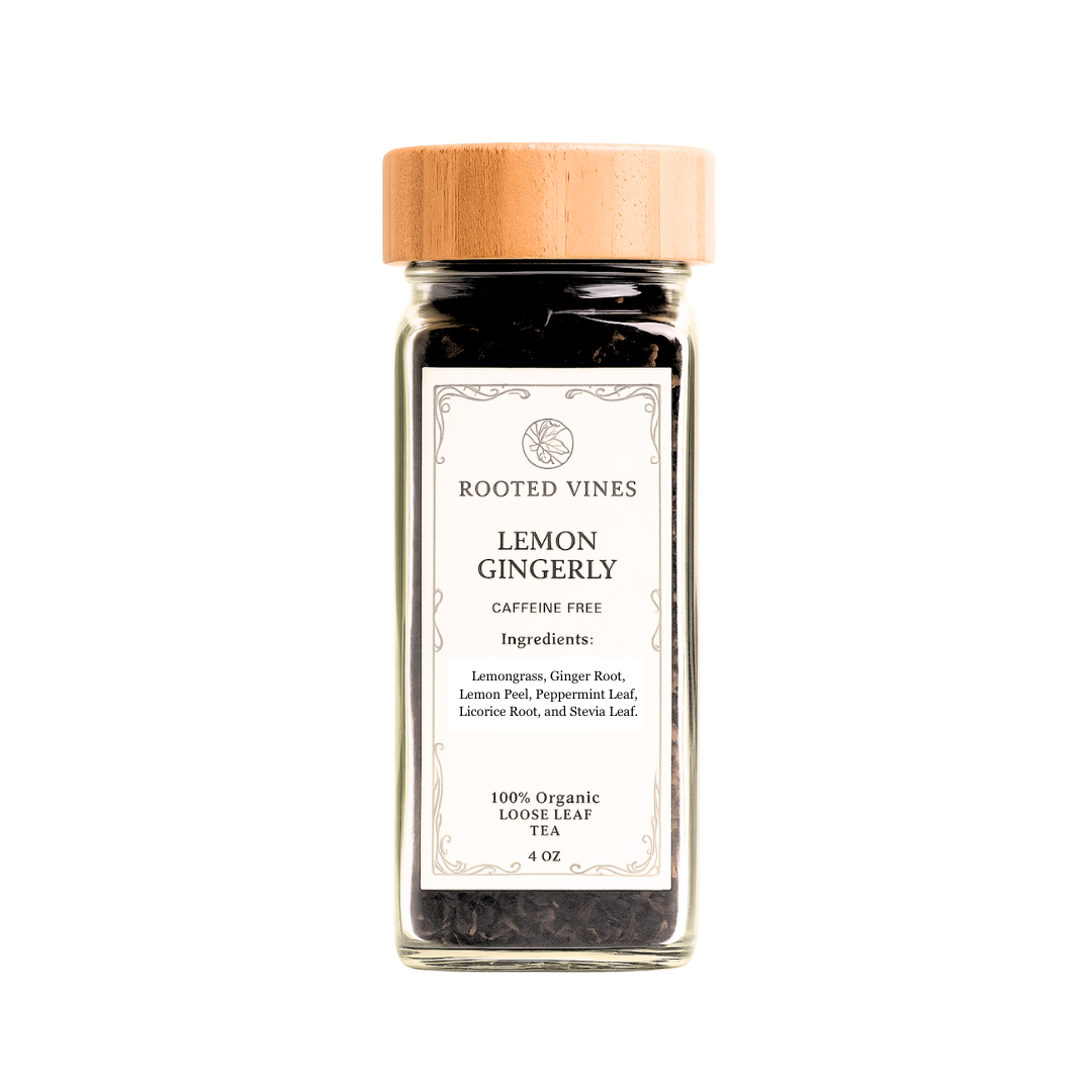 Jar of 'Lemon Gingerly' loose leaf tea from Rooted Vines on a white background