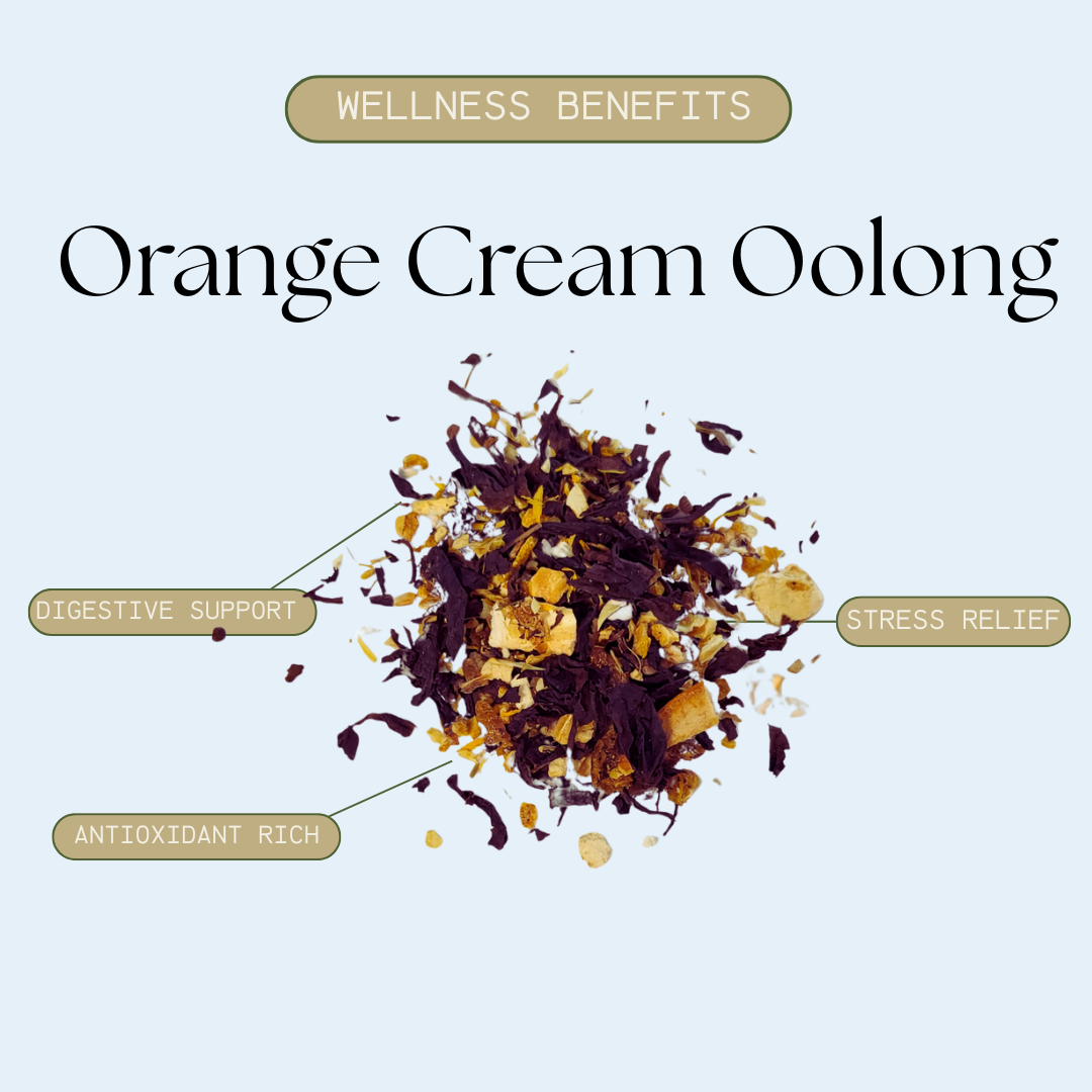 Orange Cream Oolong tea with wellness benefits listed on a light blue background