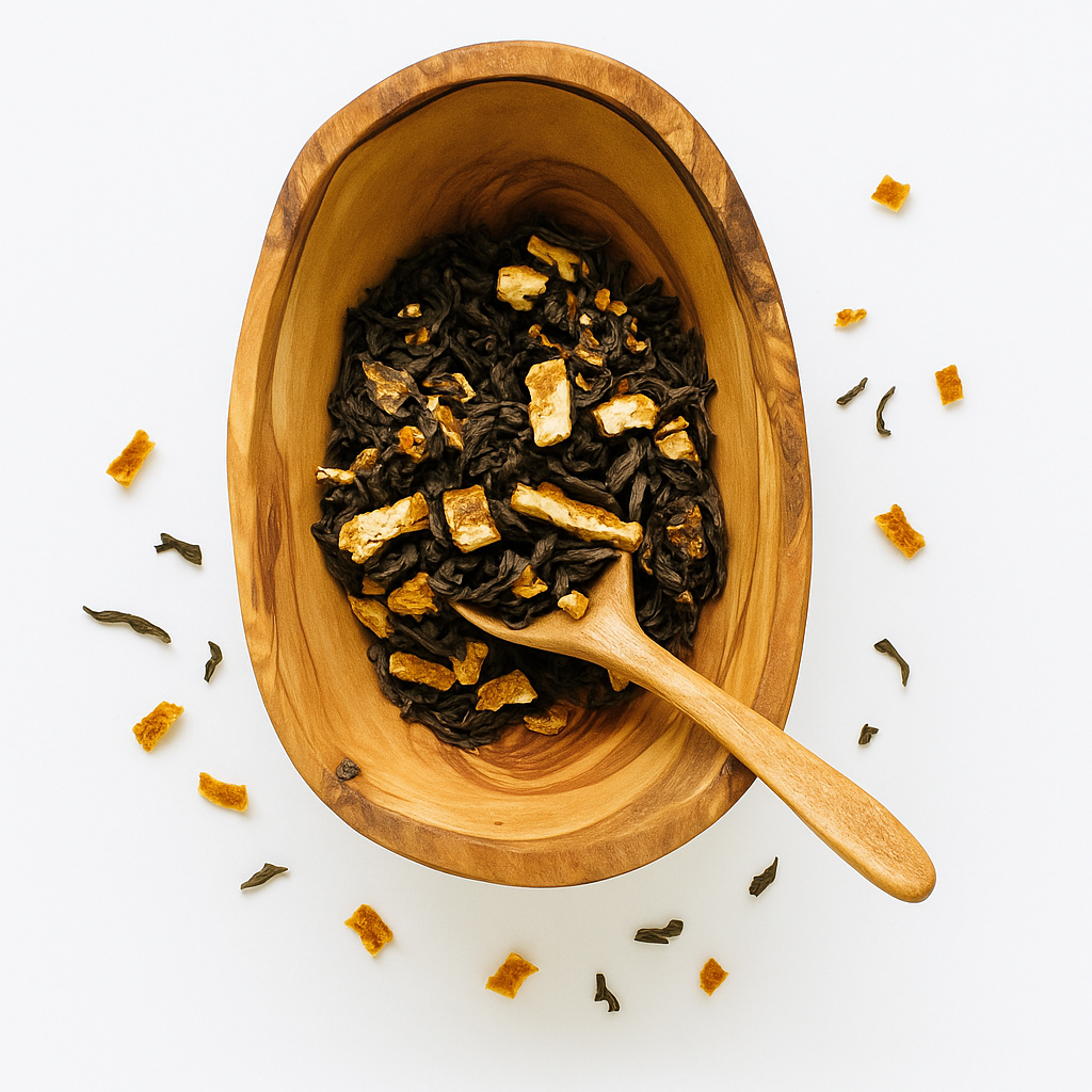 Wooden bowl filled with black tea leaves and gold leaf pieces on a white background