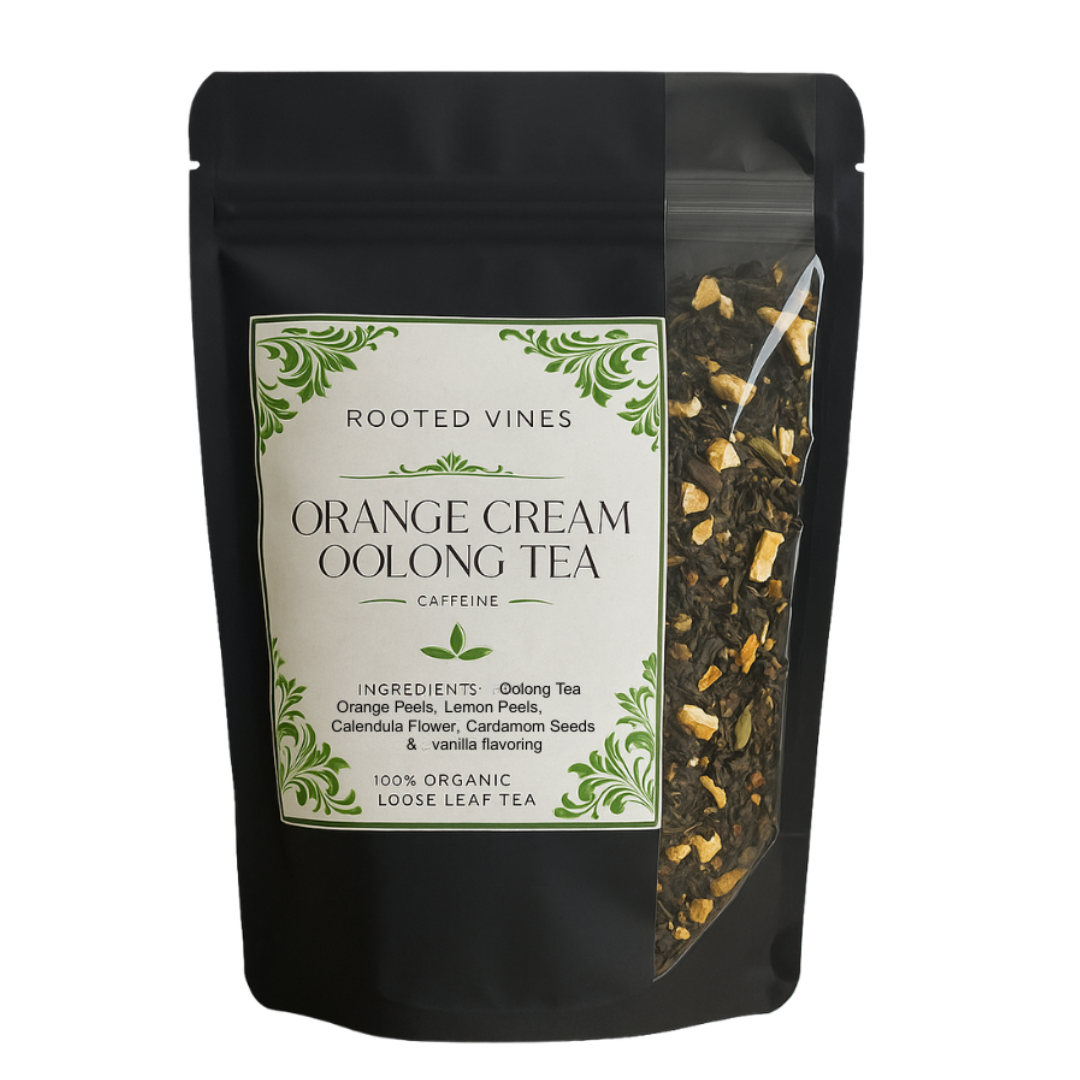 Black package of Orange Cream Oolong Tea with a label on a white background