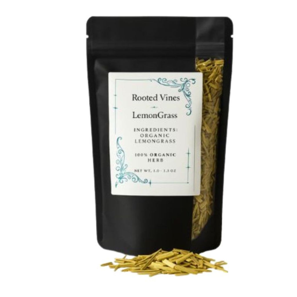 Black packaging of Rooted Vines Lemon Grass with visible herbs on a white background