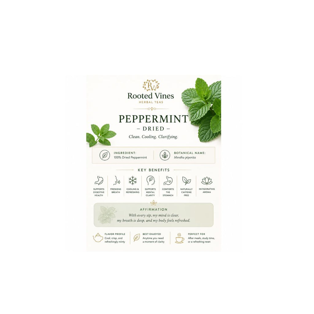 Rooted Vines Herbal Store Peppermint Dried Glycerin Cleanser packaging, featuring a cream-colored card with green peppermint leaves, product details, key benefits, and affirmation text.
