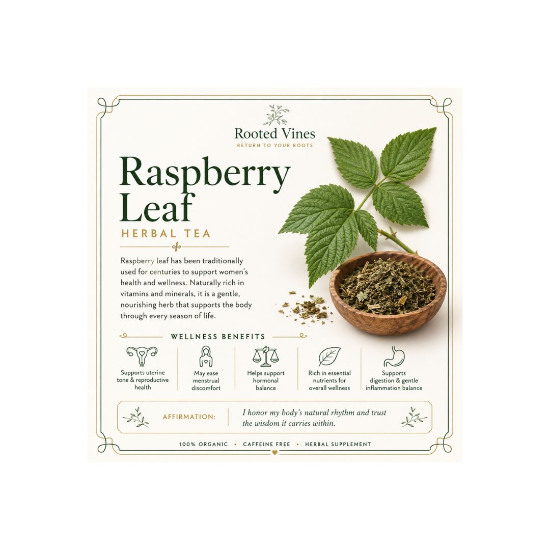 Rooted Vines Raspberry Leaf Herbal Tea packaging card, featuring a cream background, green text, a small bowl of dried leaves, and a green raspberry leaf illustration.