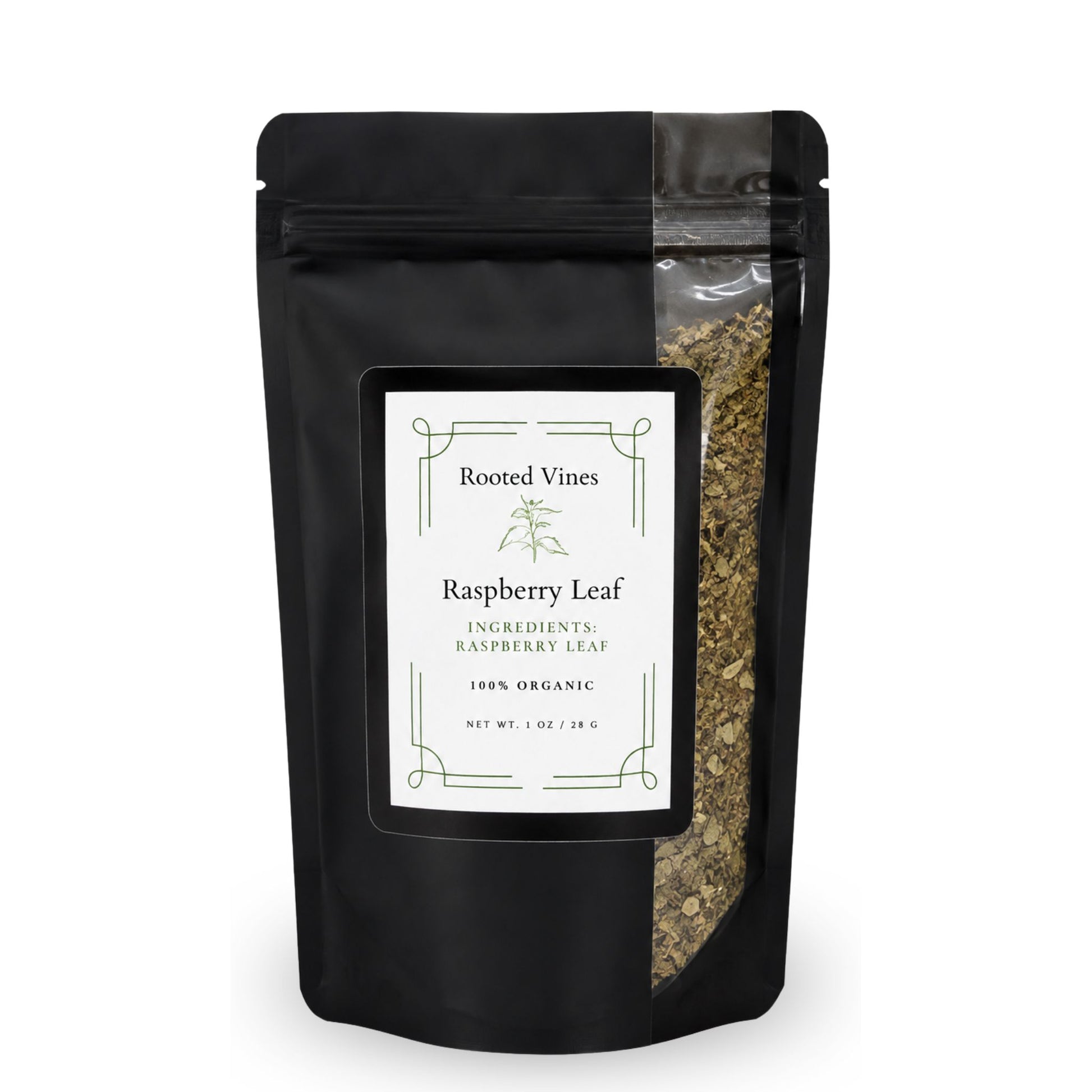 A black stand-up pouch of Rooted Vines Raspberry Leaf ingredients, featuring a clear window on the right side that shows the dried green leaf pieces inside, set against a plain white background.