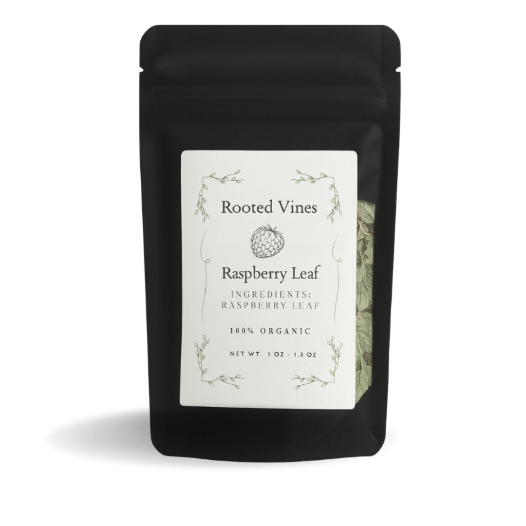 Black package of Rooted Vines Raspberry Leaf on a white background