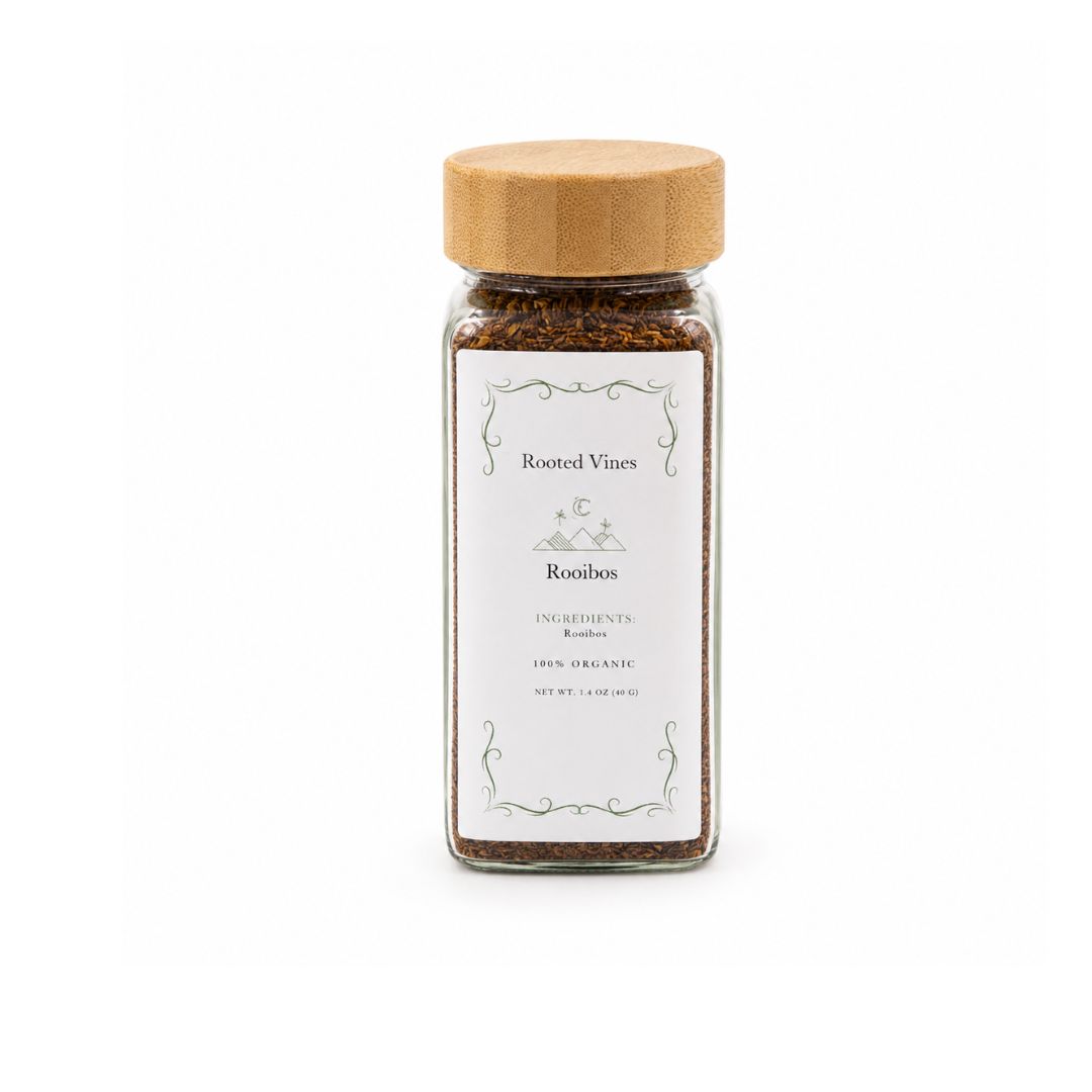 Jar of Rooibos tea with a wooden lid on a white background