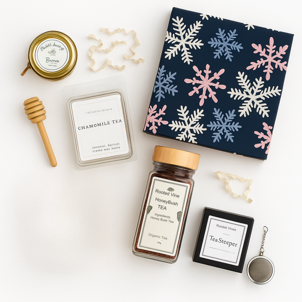 Tea set with a box featuring snowflake patterns on a white background