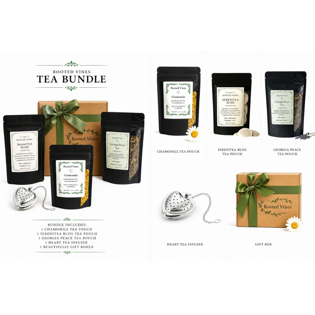 Rooted Vines tea bundle with various tea packages, a heart-shaped tea infuser, and a gift box on a white background.