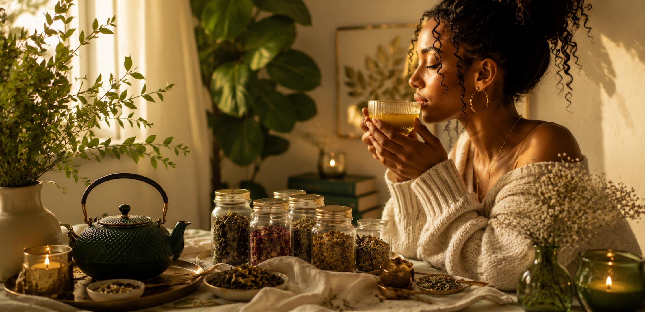 "Woman holding a warm cup of herbal tea — Rooted Vines premium herbal teas"
