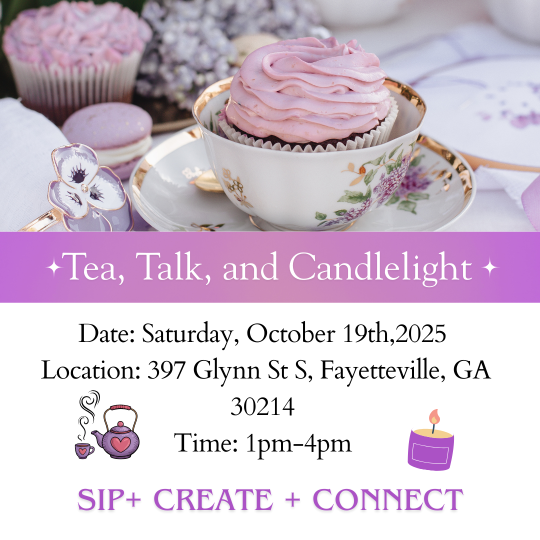 Promotional flyer for 'Tea, Talk, and Candlelight' event with cupcakes and tea set.