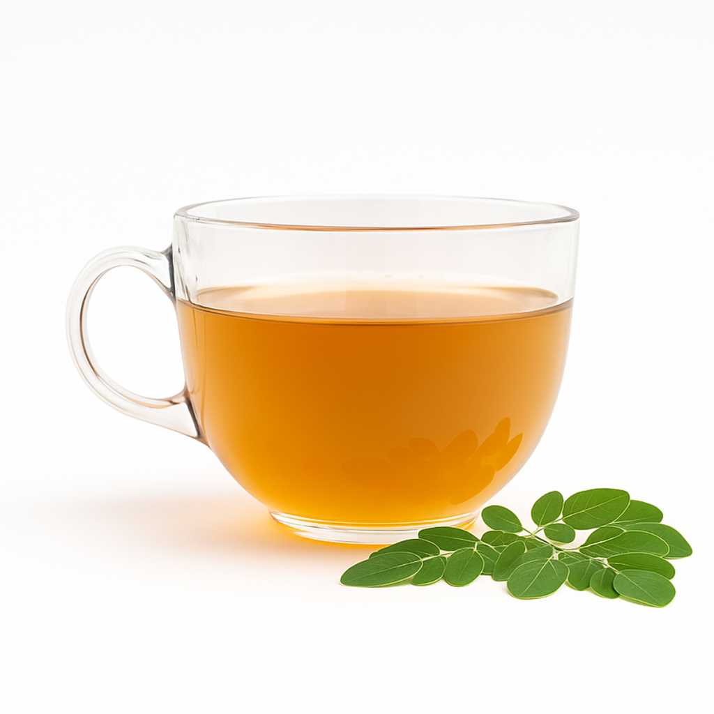 Clear glass mug filled with tea and a sprig of green leaves on a white background