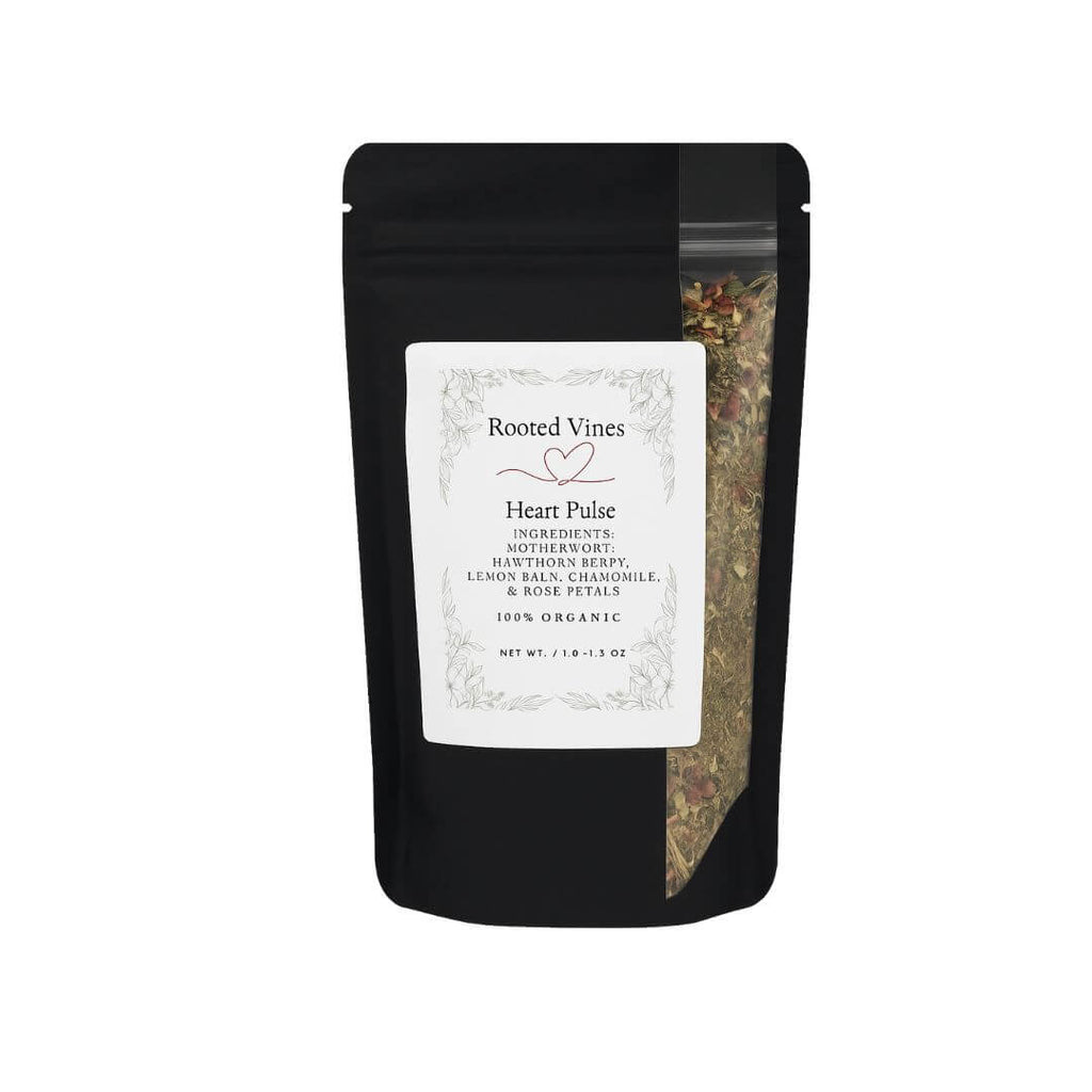 Black packaging of Rooted Vines Heart Pulse tea with a white label on a white background
