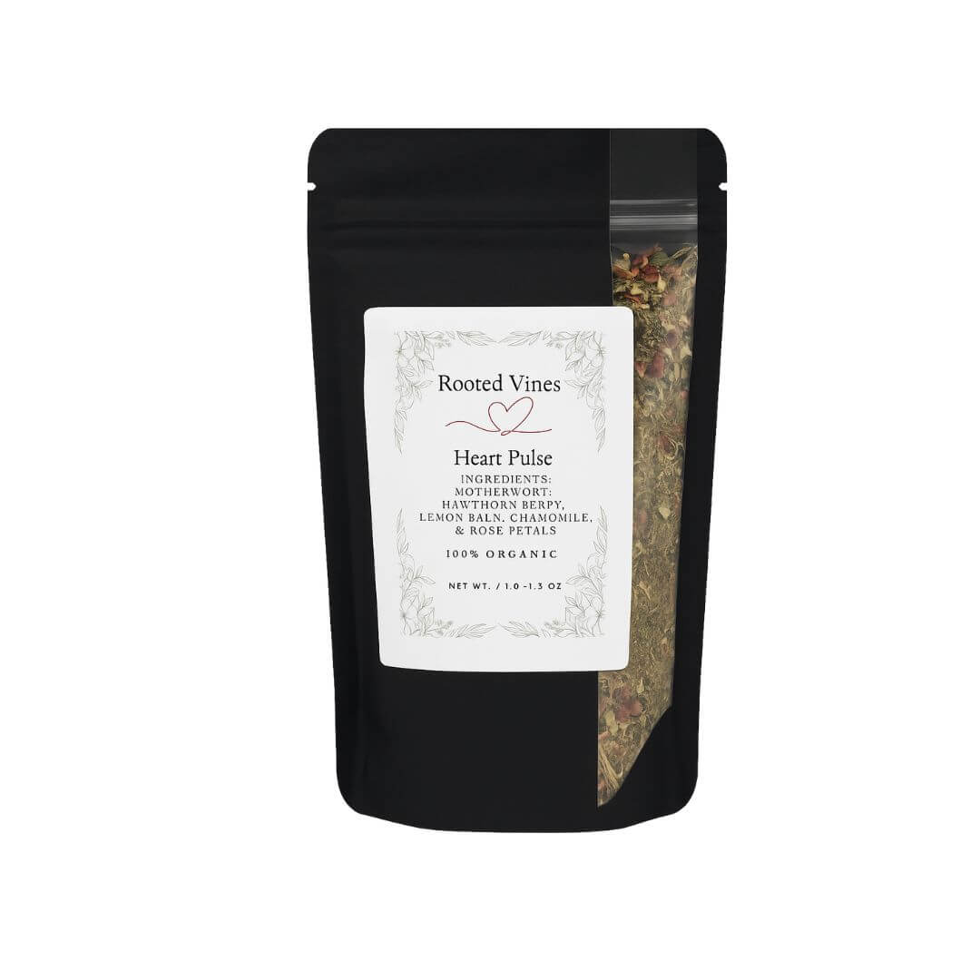 Black packaging of Rooted Vines Heart Pulse tea with a white label on a white background