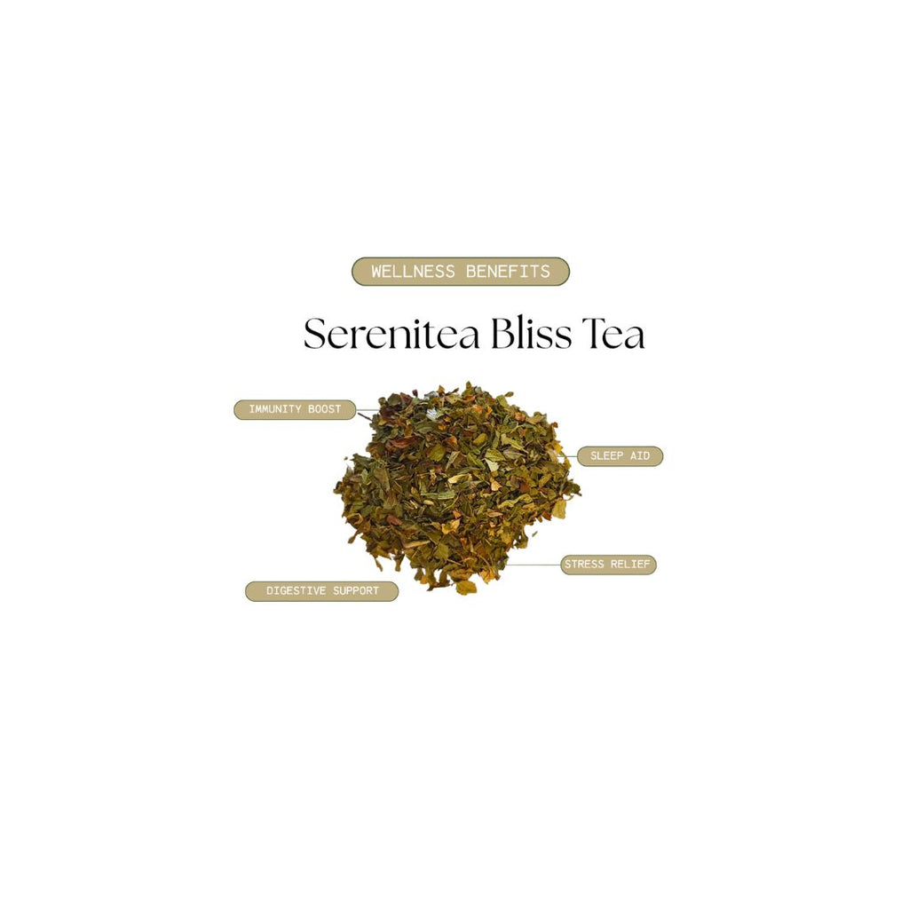 Serenitea Bliss Tea with wellness benefits text on a white background
