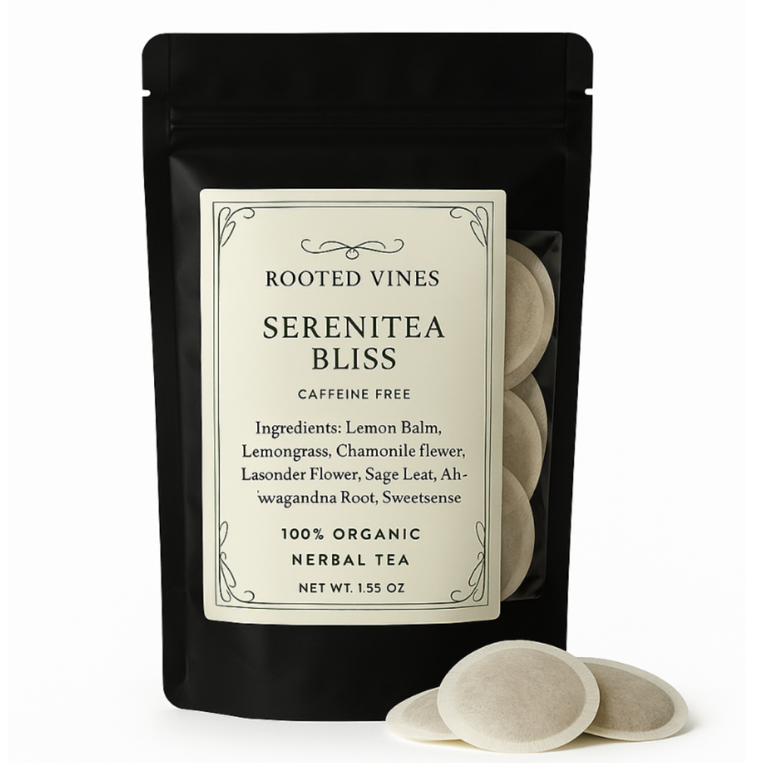 Tea package labeled 'Serenitea Bliss' with a black background