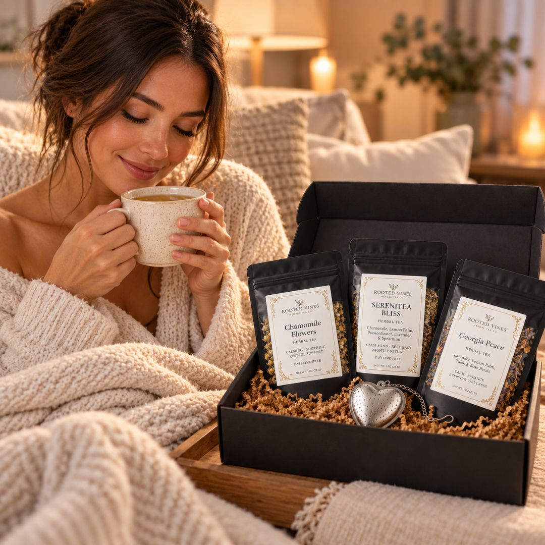 A cozy bedroom scene with a woman wrapped in a cream knit blanket and holding a mug, next to an open black gift box containing three bags of Rooibos Tea from The Tea Society. The box is filled with brown crinkle paper and has a small silver heart-shaped ornament inside.