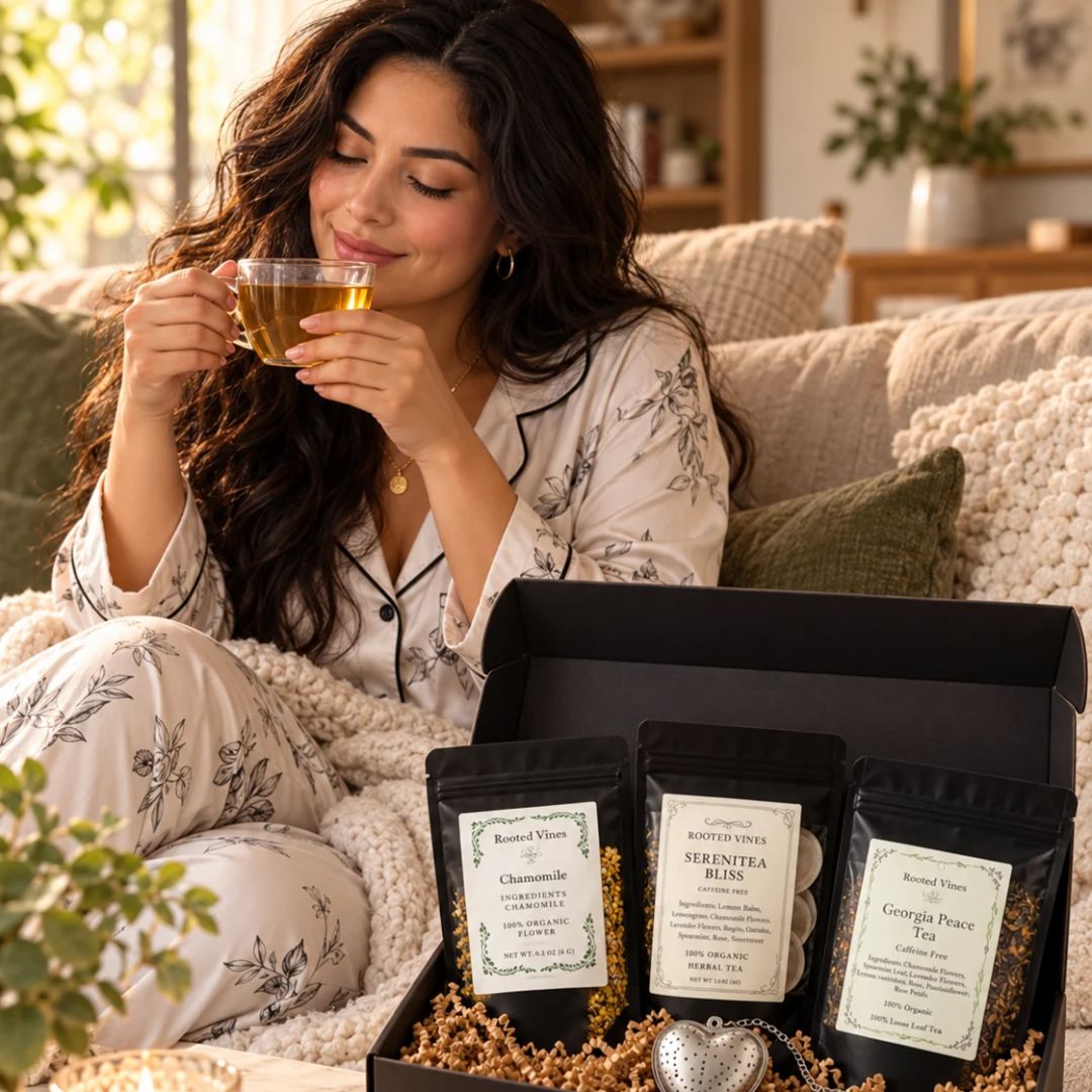 A woman in floral pajamas sits on a couch holding a glass of tea, with an open black gift box in front of her containing three tea bags labeled Charro Wild, Serpentaria Blend, and Georgia Punch Tea.