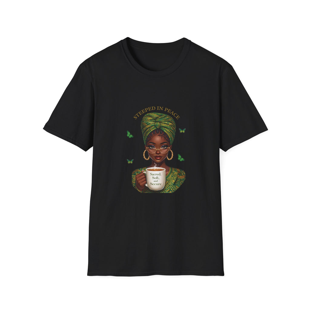 Black t-shirt with a graphic of a woman holding a cup and text 'Steeped in Peace' on a white background