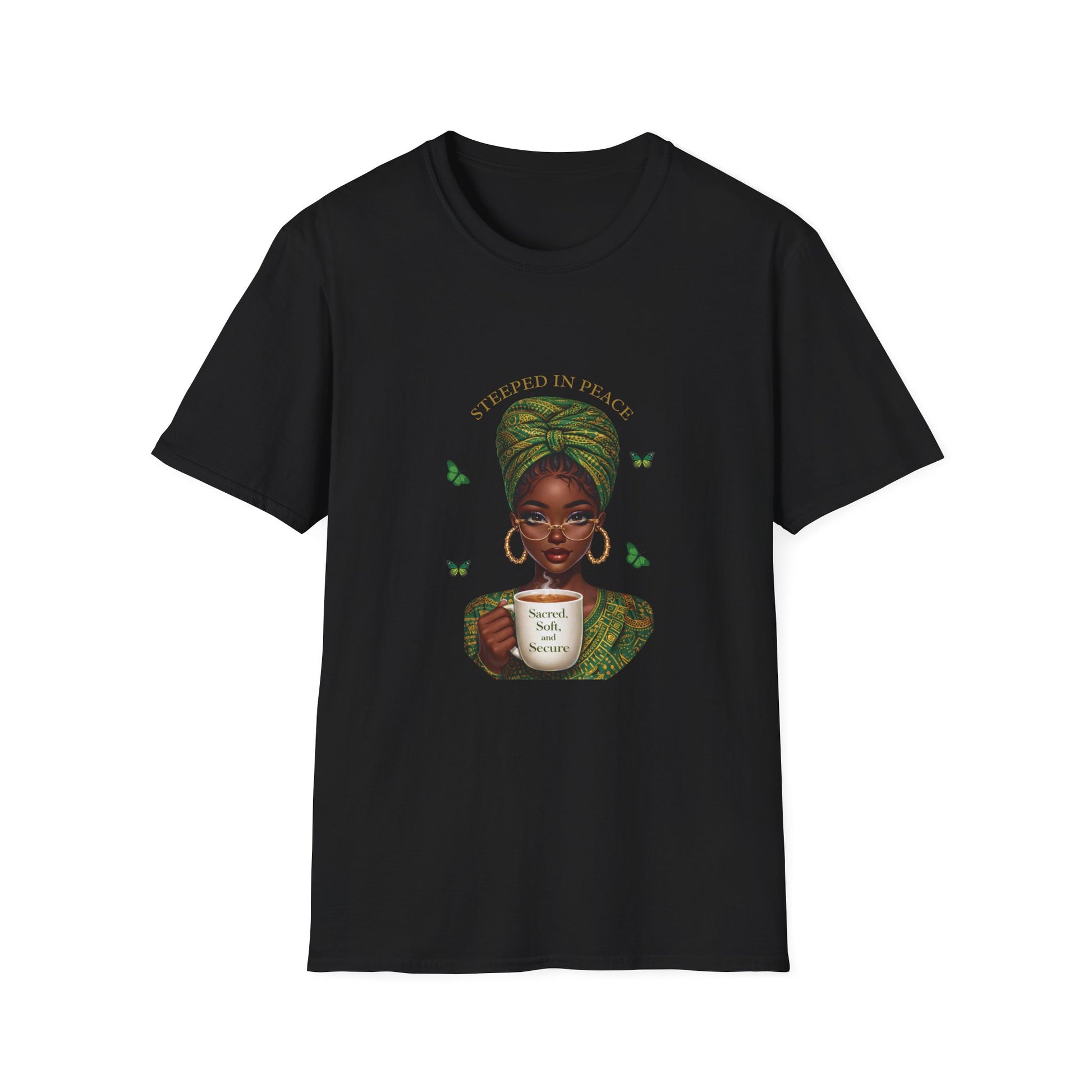 Black t-shirt with a graphic of a woman holding a cup and text 'Steeped in Peace' on a white background