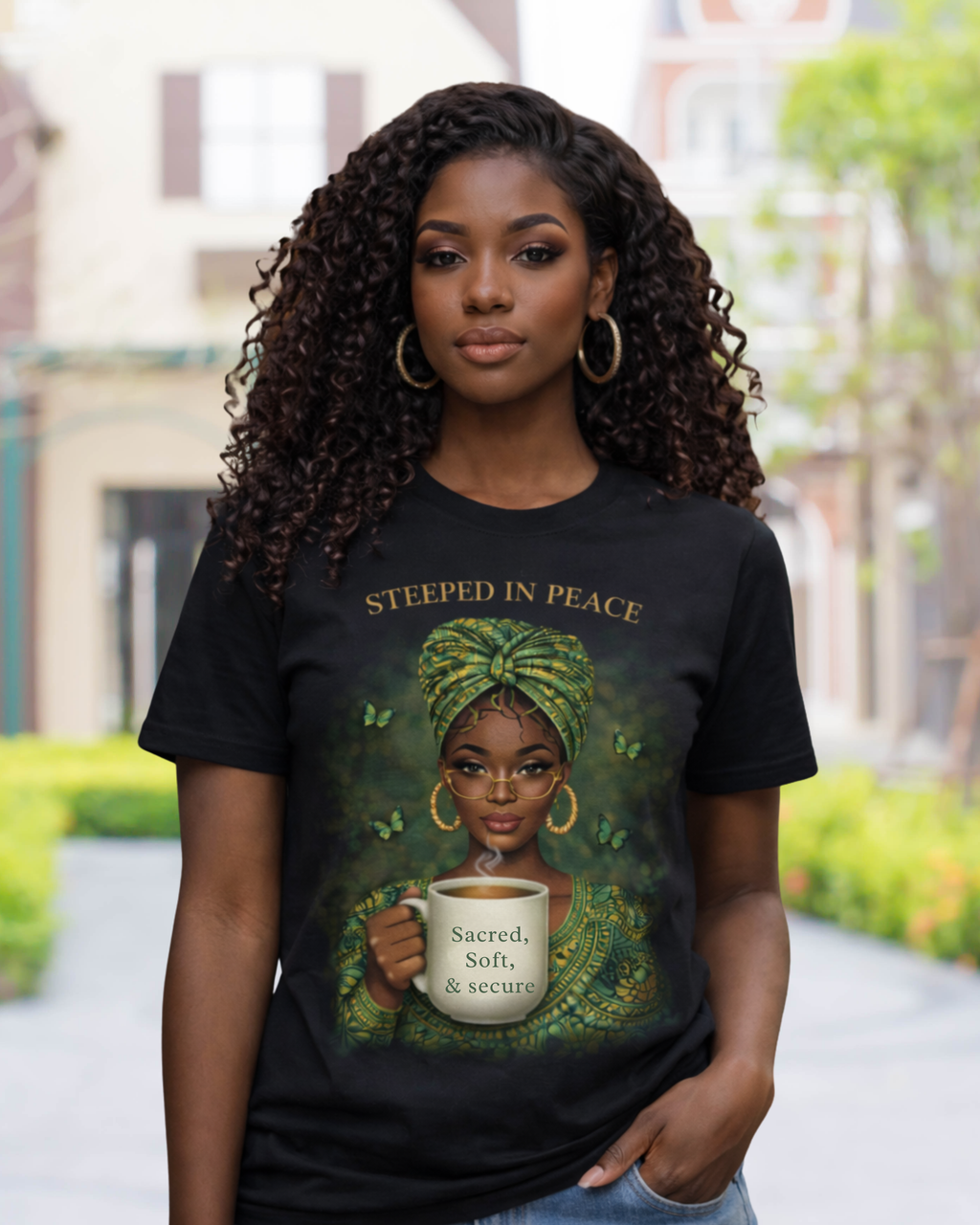 Woman wearing a black t-shirt with a graphic of a woman holding a mug and text 'Steeped in Peace, Sacred, Soft, Secure' in an outdoor setting.