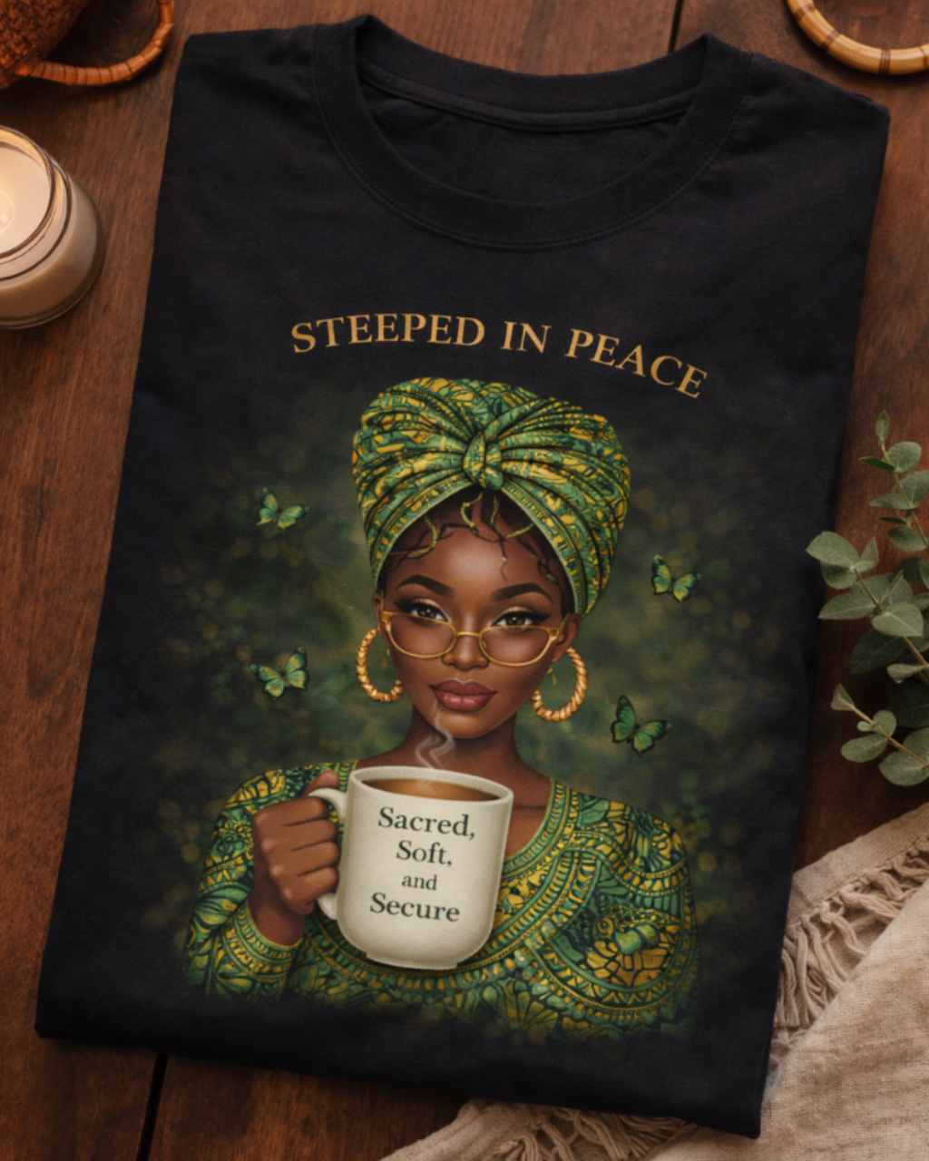 Black t-shirt with a graphic of a woman holding a mug and text 'Steeped in Peace, Sacred, Soft, and Secure' on a wooden surface.