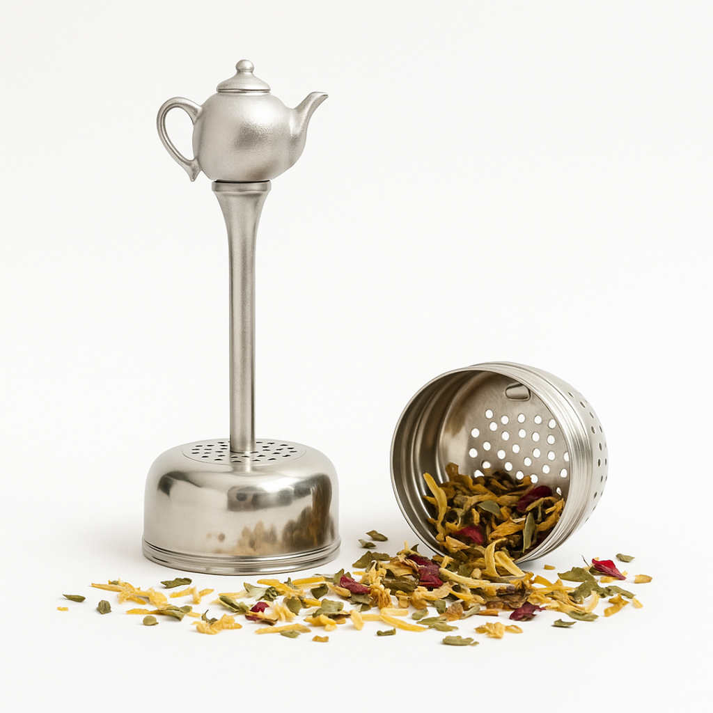 Metallic tea infuser with a small container of loose tea leaves on a white background