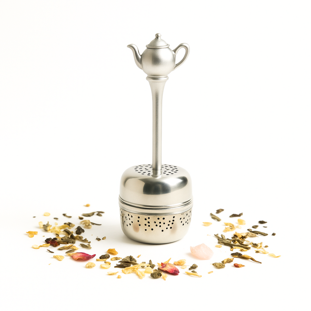 Silver tea infuser with loose tea leaves on a white background
