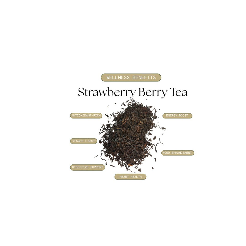 Strawberry berry tea with wellness benefits listed on a white background