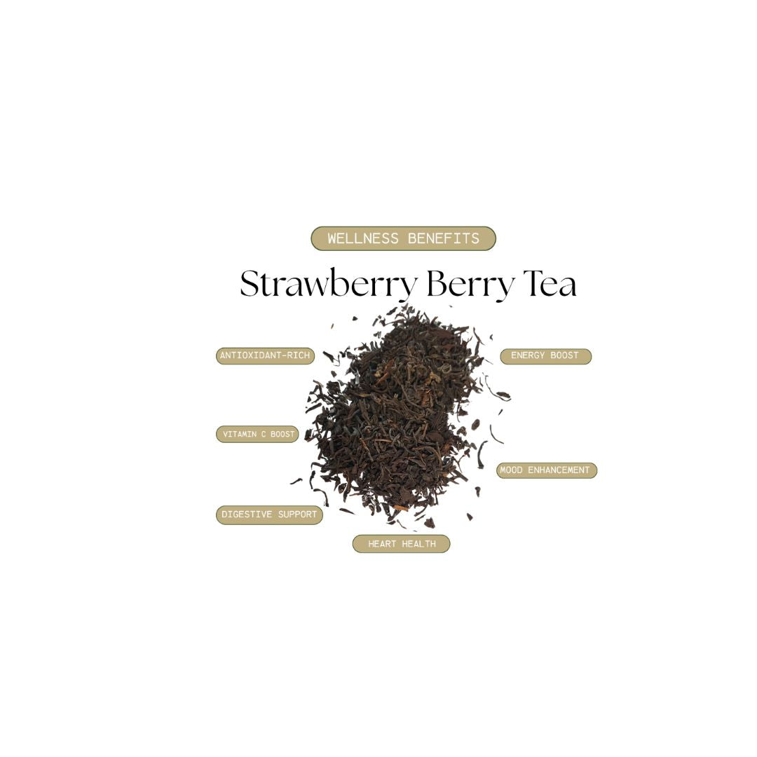 Strawberry berry tea with wellness benefits listed on a white background