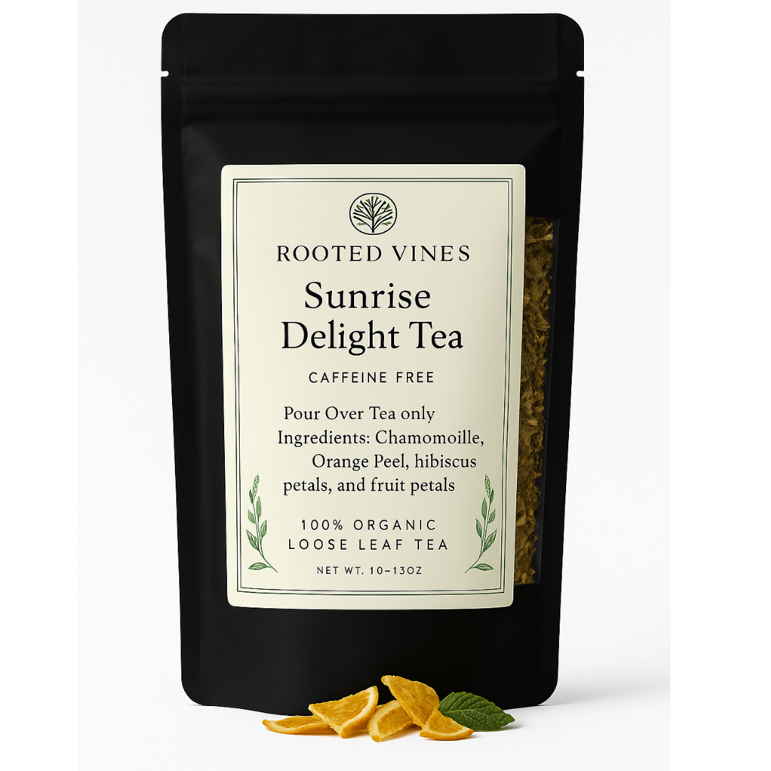 Rooted Vines Sunrise Delight Tea package with ingredients listed on a white background