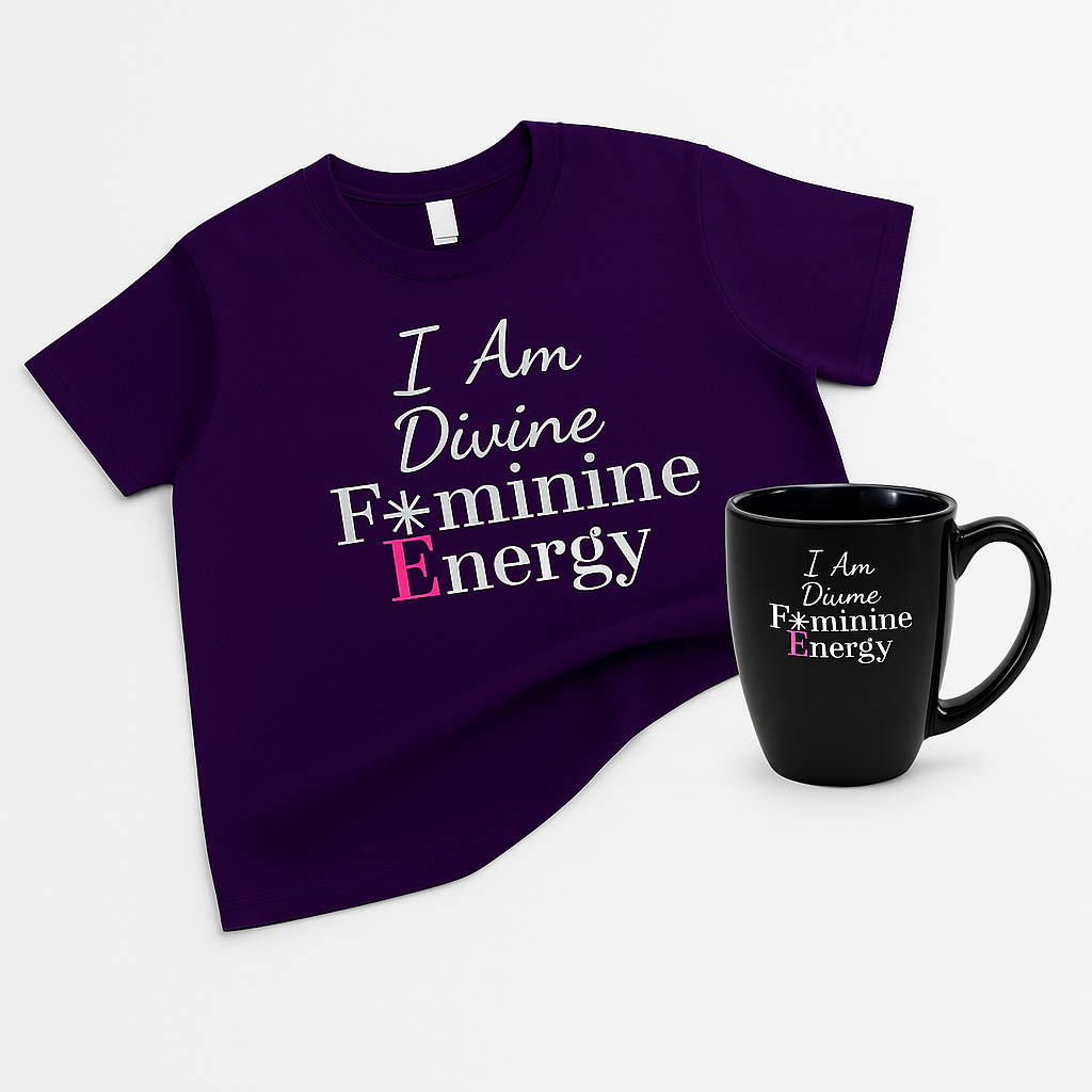 Purple t-shirt and black mug with 'I Am Divine Feminine Energy' text on a white background