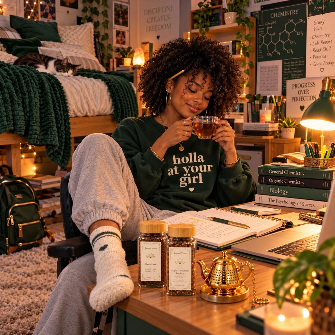 A woman relaxes in a cozy bedroom/study setting wearing a dark green sweatshirt with the text 'holla at your girl' and light gray sweatpants. She holds a glass of tea at a wooden desk with books, a laptop, and two jars of tea in the foreground.