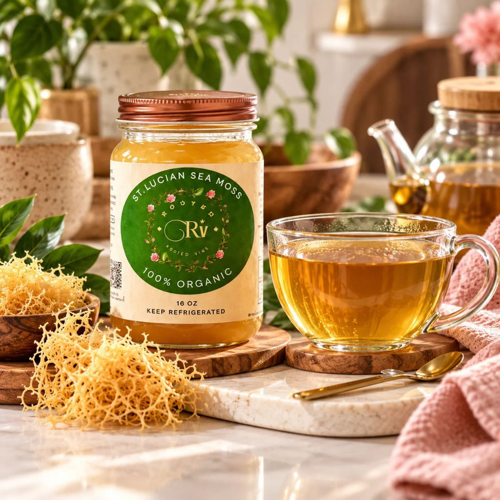 A jar of Delucian Sea Moss Organics 100% Organic sea moss capsules displayed on a marble tray next to a glass cup of golden sea moss tea, with loose sea moss and a teapot in a warm, styled kitchen setting.
