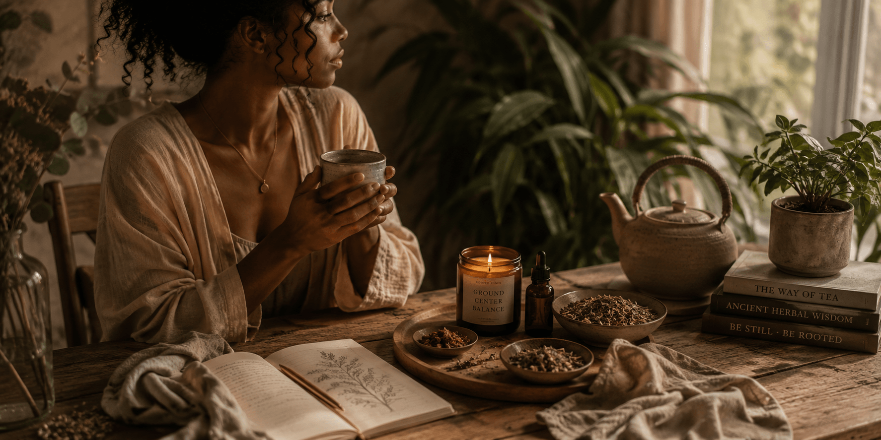 Woman sitting at a table with a cup, books, and plants in a cozy indoor setting.