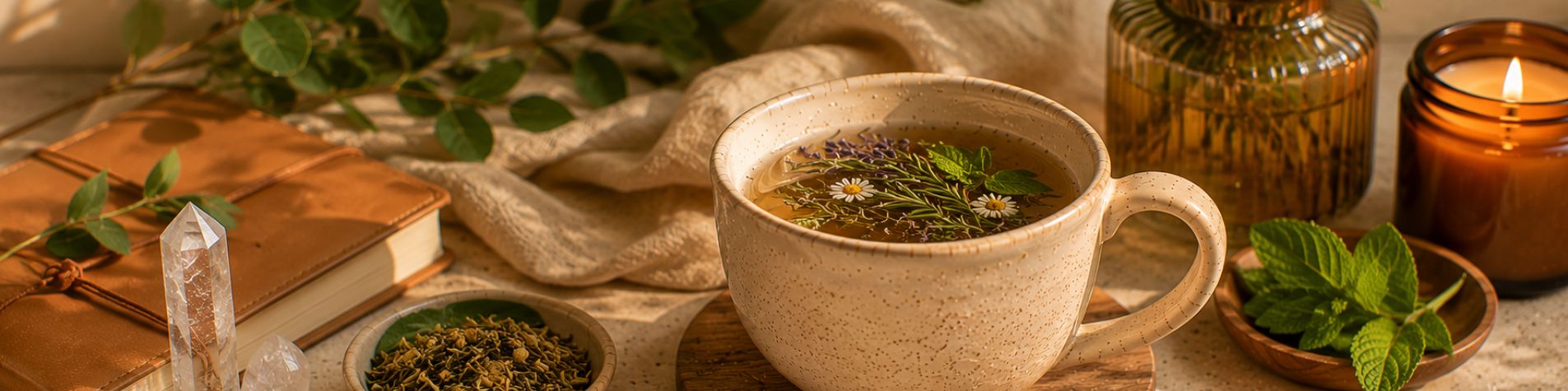 Teacup with herbs, book, and candle on a wooden surface