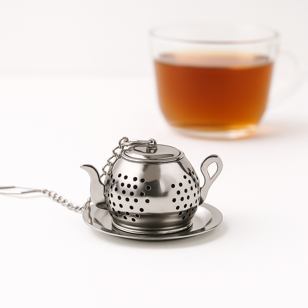 Tea infuser with a glass of tea in the background on a white surface