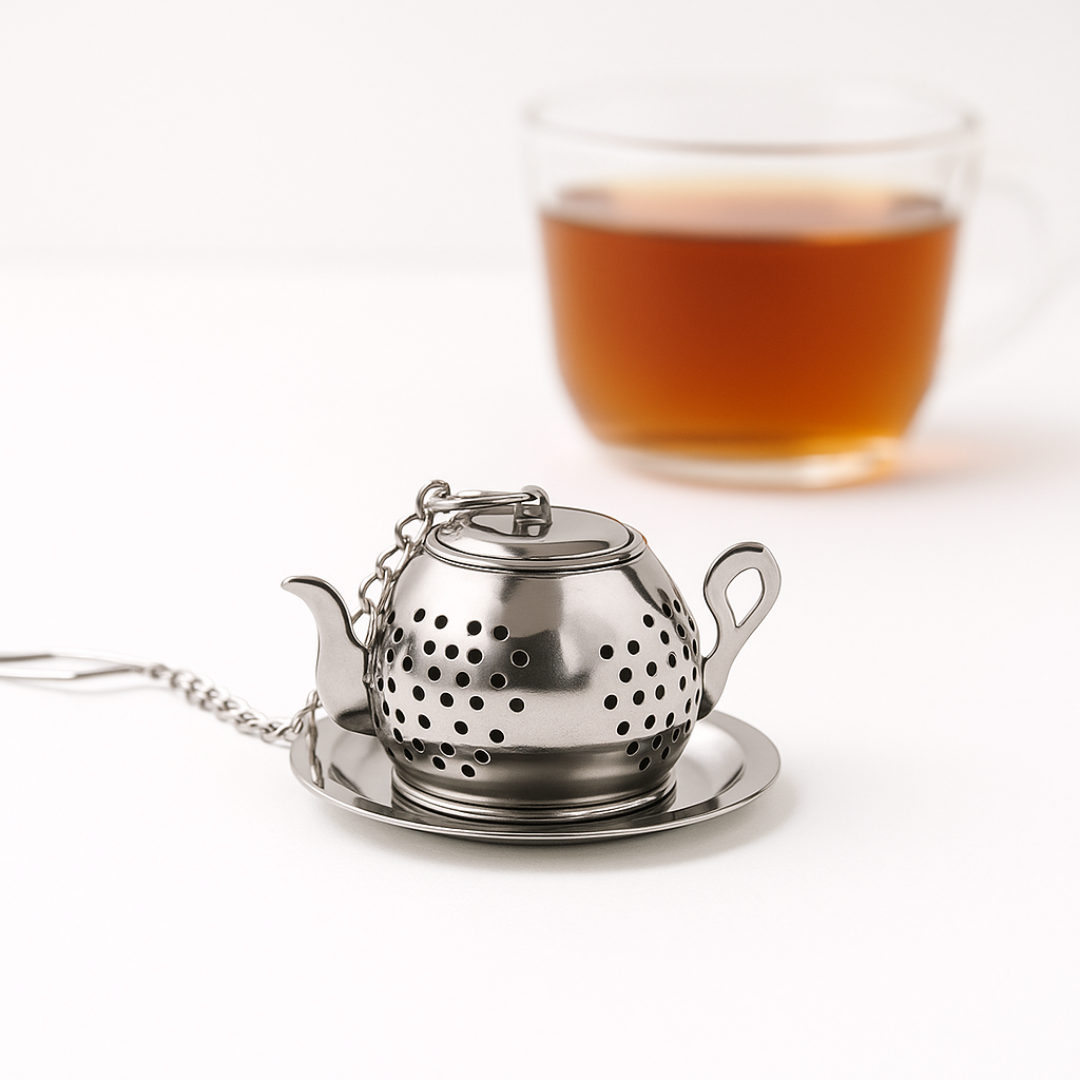 Tea infuser with a glass of tea in the background on a white surface