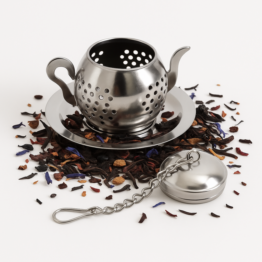 Stainless steel tea infuser with a chain on a white background with loose tea leaves.