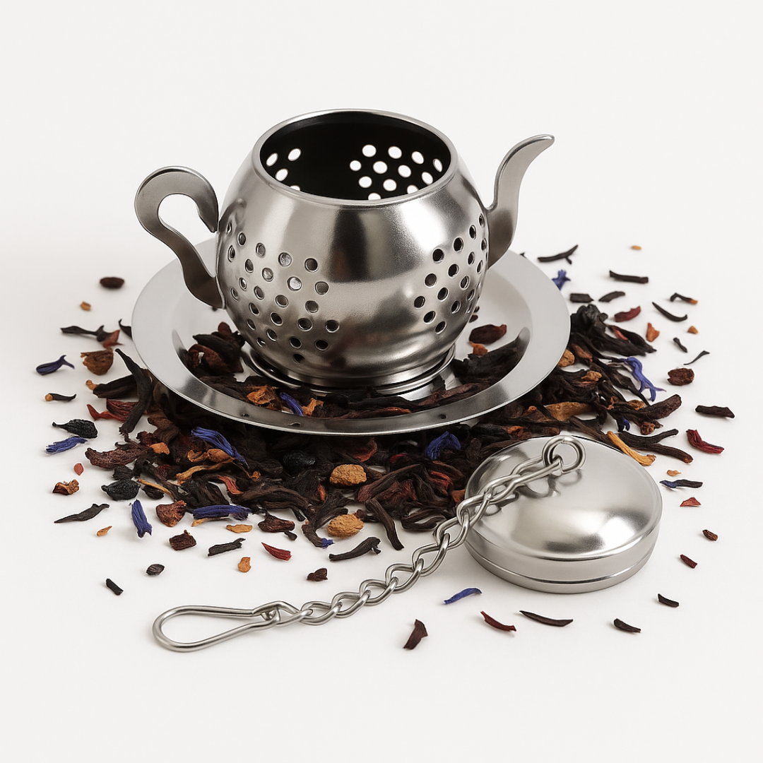 Stainless steel tea infuser with a chain on a white background with loose tea leaves.