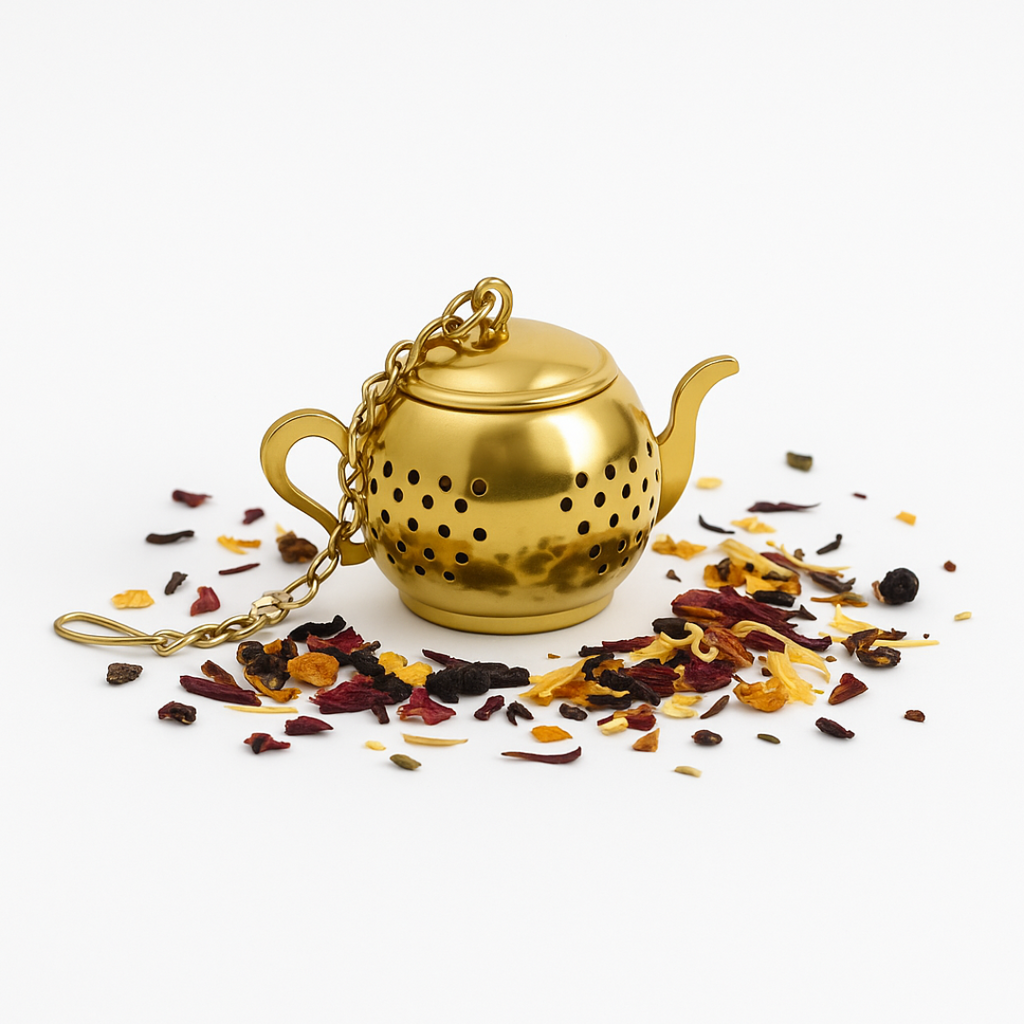 Gold tea infuser with dried herbs on a white background